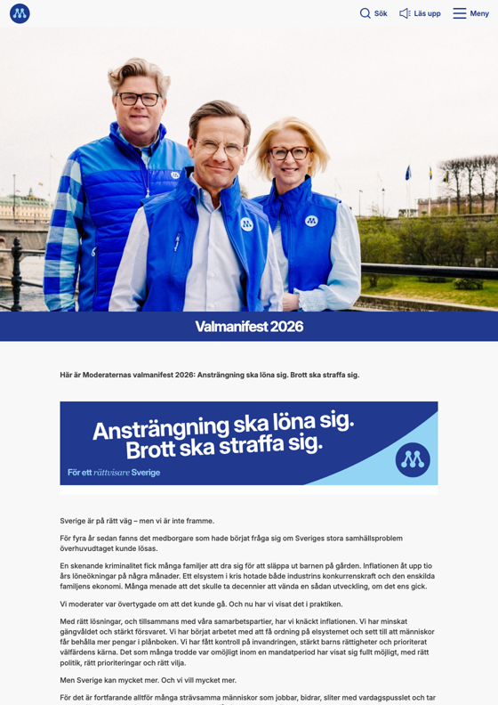 Första sidan av Moderaternas valmanifest